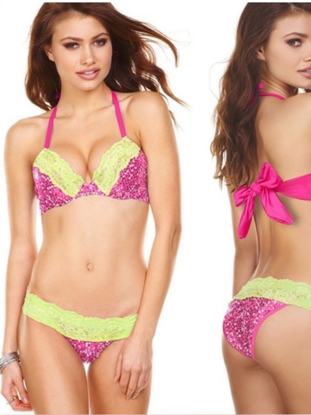 Beach Bunny Hot Pink and Lime Lace Sequin Bikini “All Bright With Me”